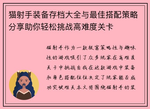 猫射手装备存档大全与最佳搭配策略分享助你轻松挑战高难度关卡